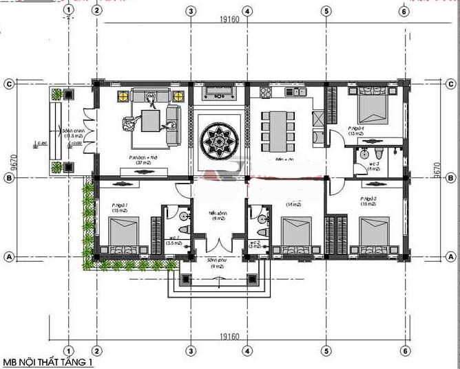 Description: Bản vẽ mặt bằng bố trí mẫu nhà 1 tầng 4 phòng ngủ